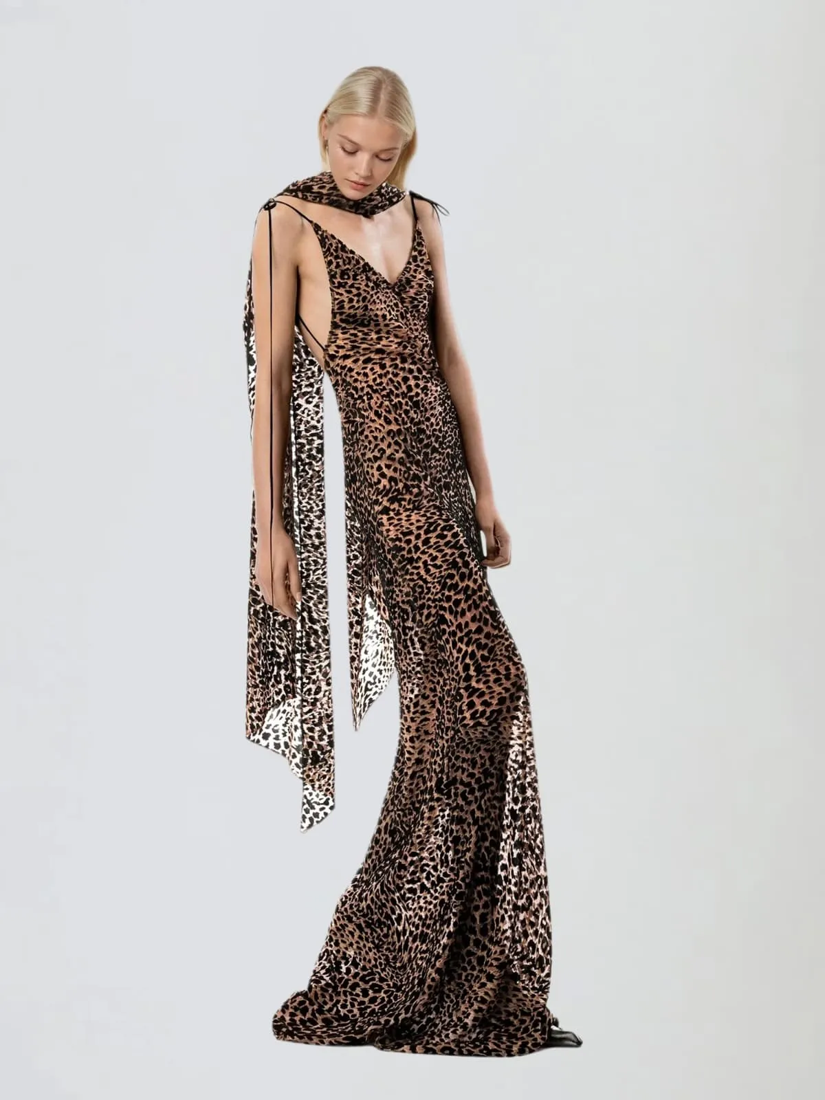 Kymatra Scarf V Neck Leopard Maxi Dress sold by Mew Mews