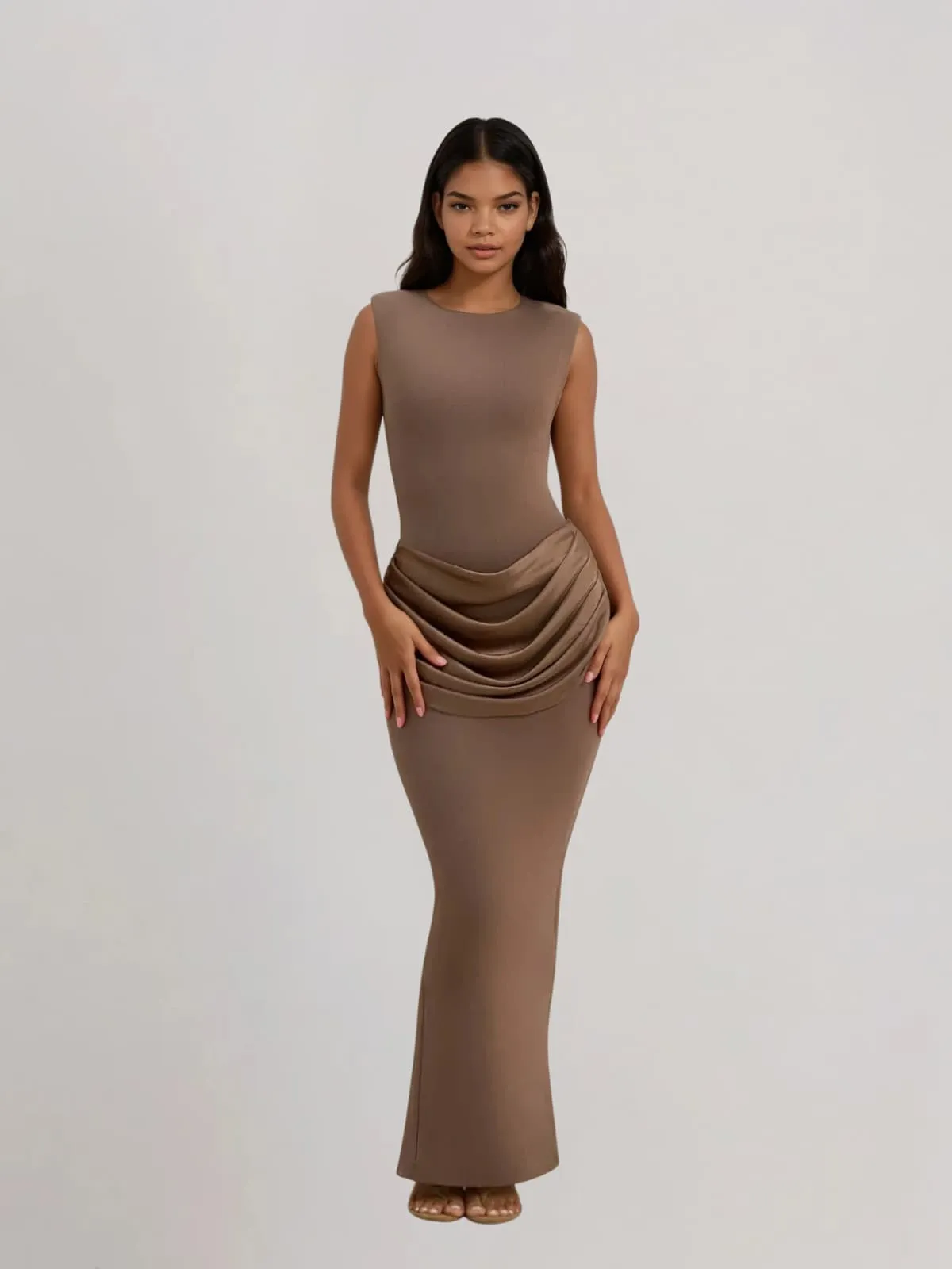 Fumidia Sleeveless Ruched Satin Maxi Dress In Light Brown sold by Mew Mews product image thumbnail 3
