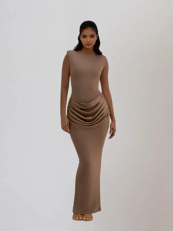 Fumidia Sleeveless Ruched Satin Maxi Dress In Light Brown sold by Mew Mews