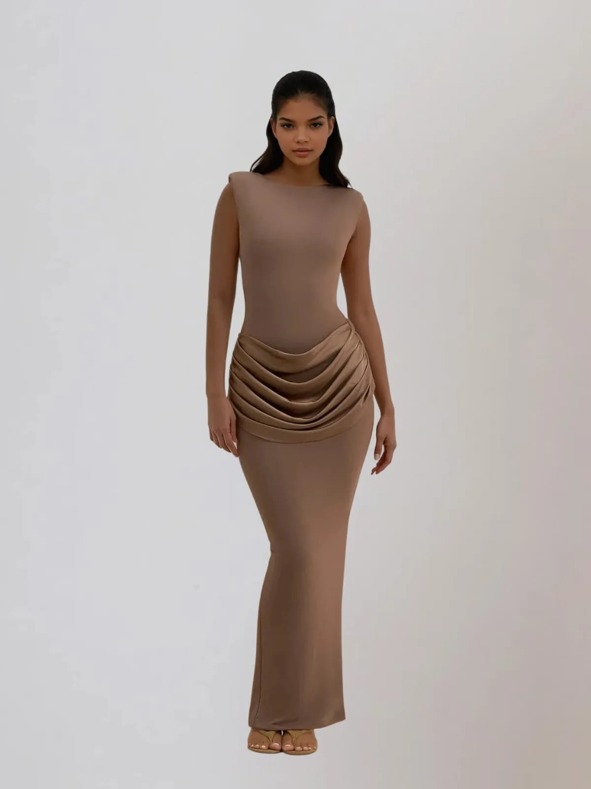 Fumidia Sleeveless Ruched Satin Maxi Dress In Light Brown sold by Mew Mews