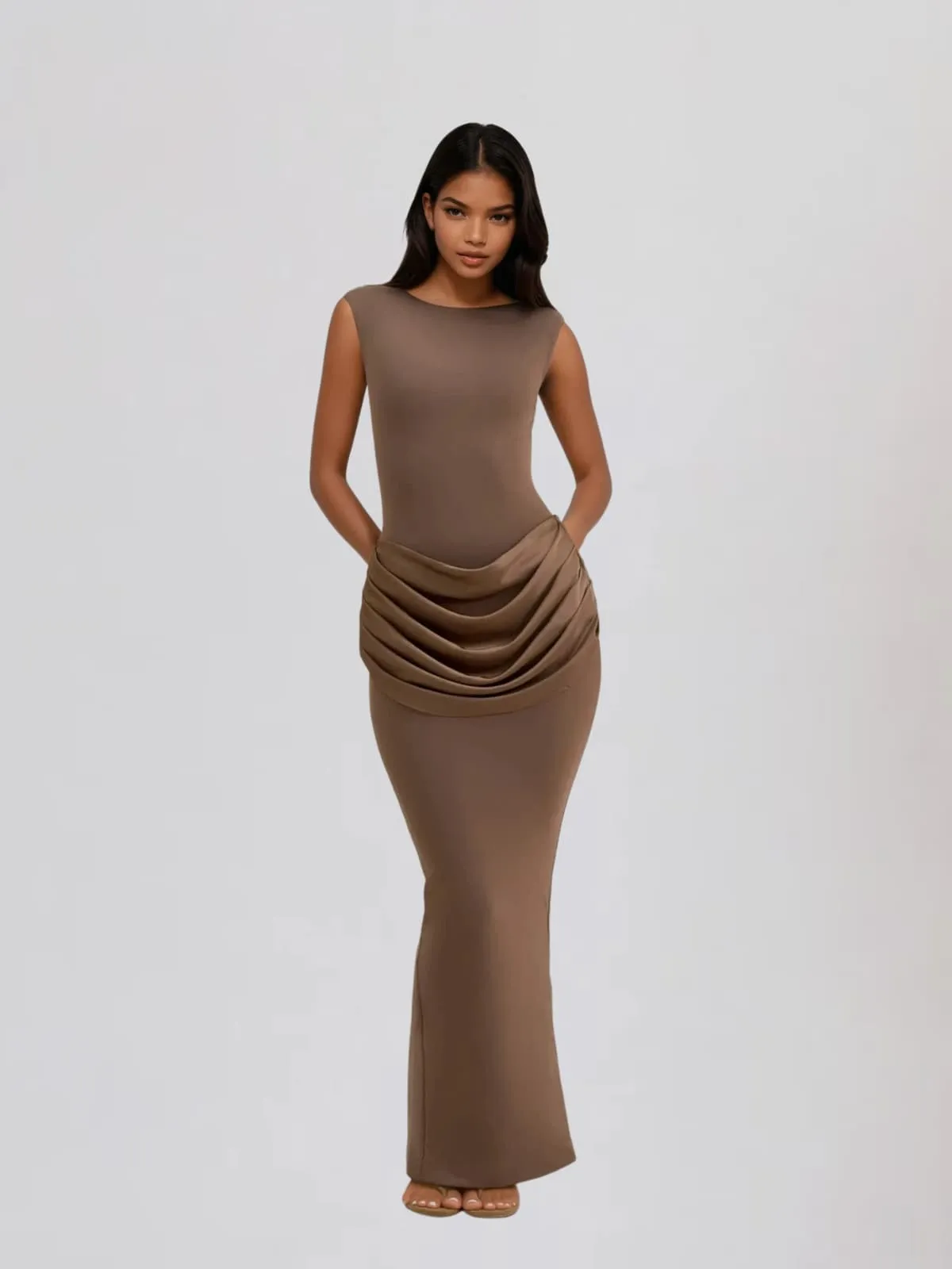 Fumidia Sleeveless Ruched Satin Maxi Dress In Light Brown sold by Mew Mews product image thumbnail 2
