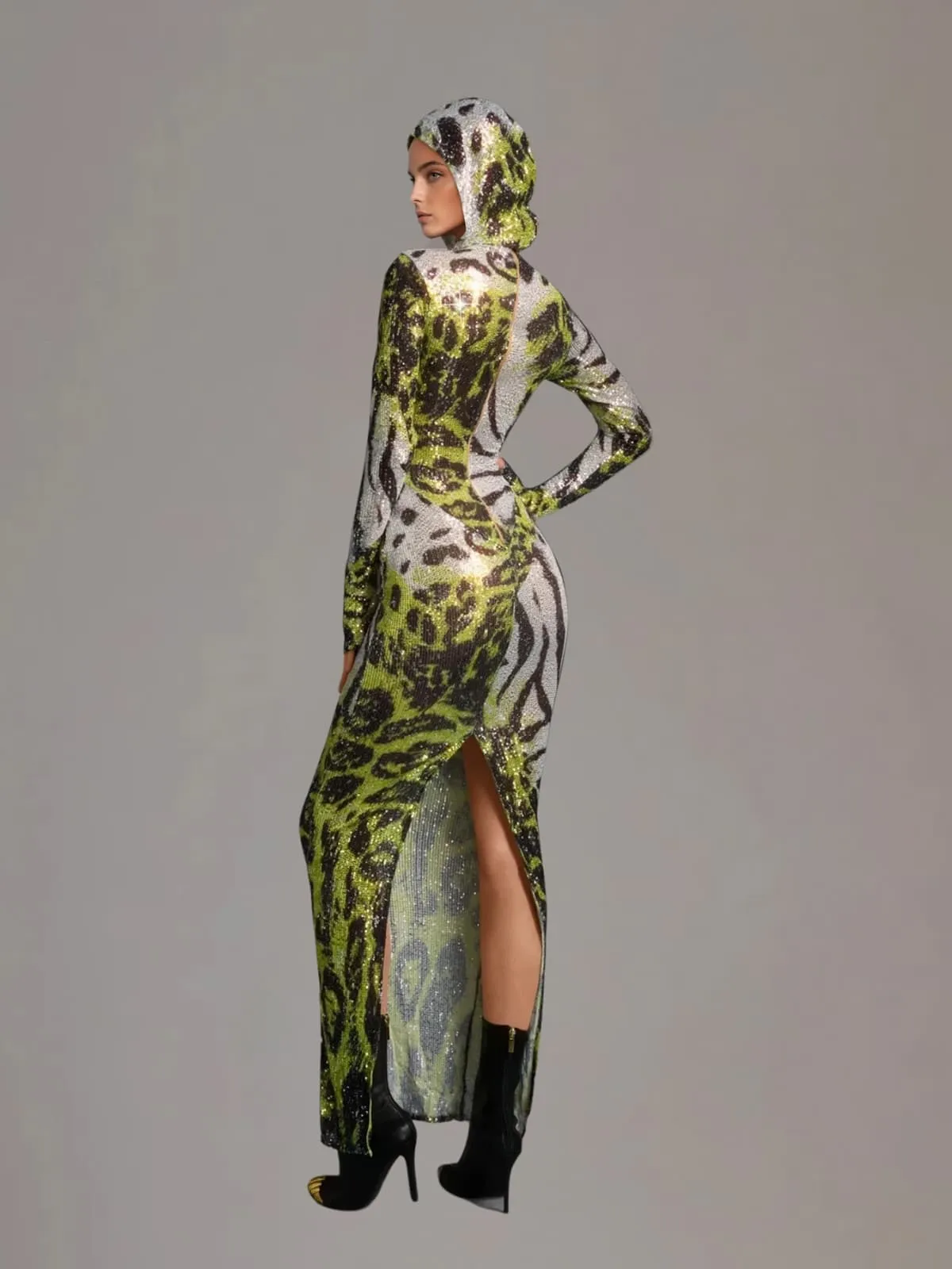 Fulgurix Hooded Animal Printed Sequin Maxi Dress sold by Mew Mews product image thumbnail 3