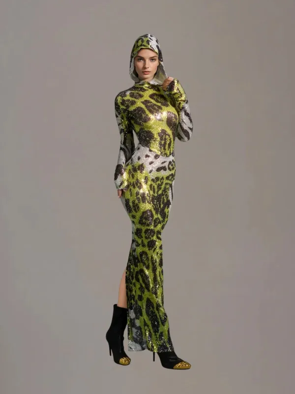 Fulgurix Hooded Animal Printed Sequin Maxi Dress made by Mew Mews