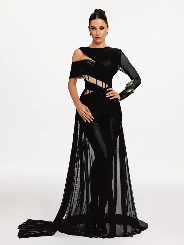 Malati Corset Cutout Mesh Maxi Dress In Black sold by Mew Mews