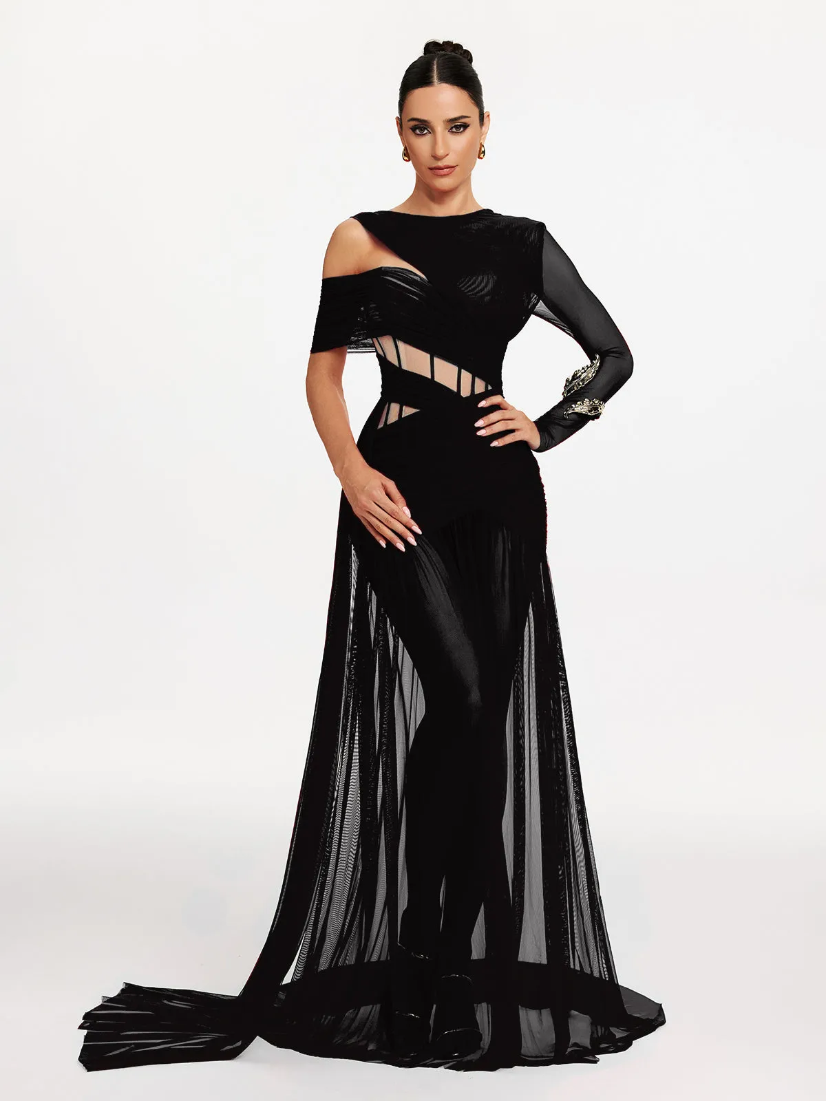 Malati Corset Cutout Mesh Maxi Dress In Black sold by Mew Mews