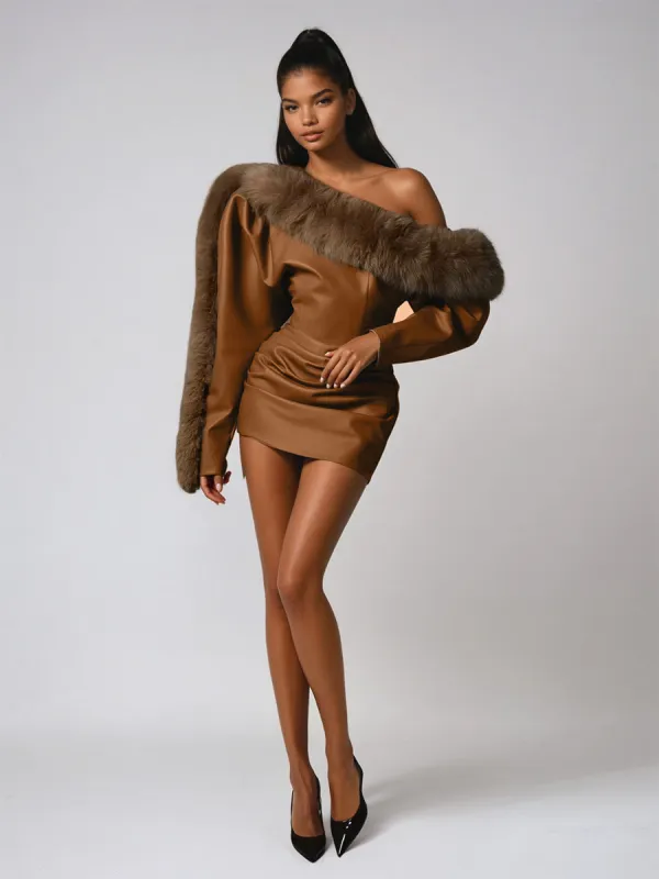 Dioptra One Shoulder Leather Faux Fur Mini Dress In Caramel sold by Mew Mews