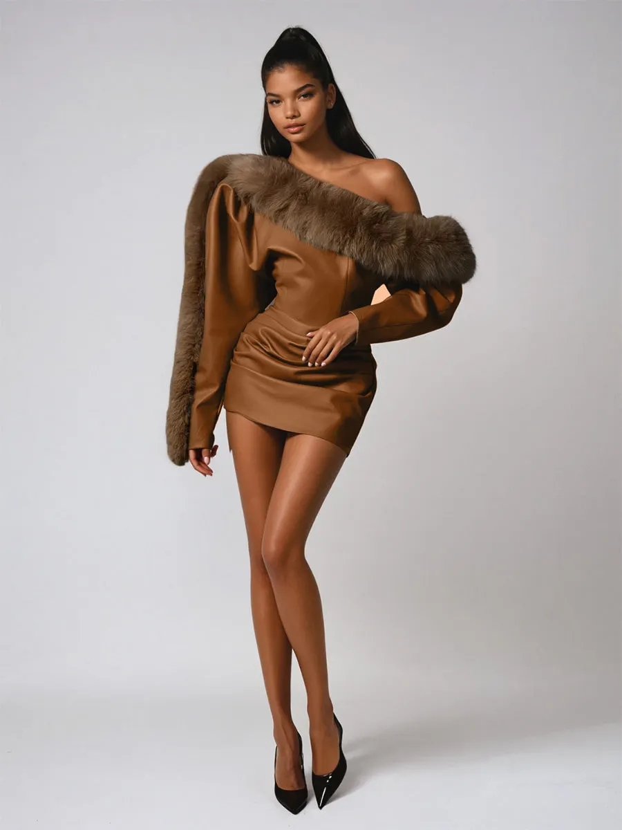 Dioptra One Shoulder Leather Faux Fur Mini Dress In Caramel sold by Mew Mews