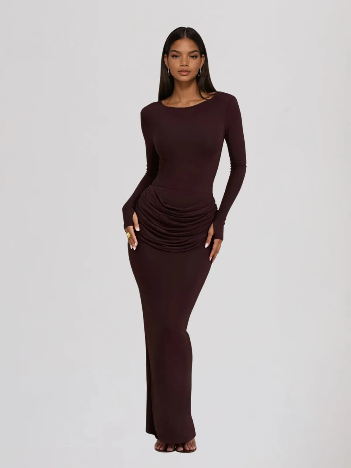 Jutflare Long Sleeve Ruched Split Maxi Dress In Brown sold by Mew Mews product image thumbnail 3