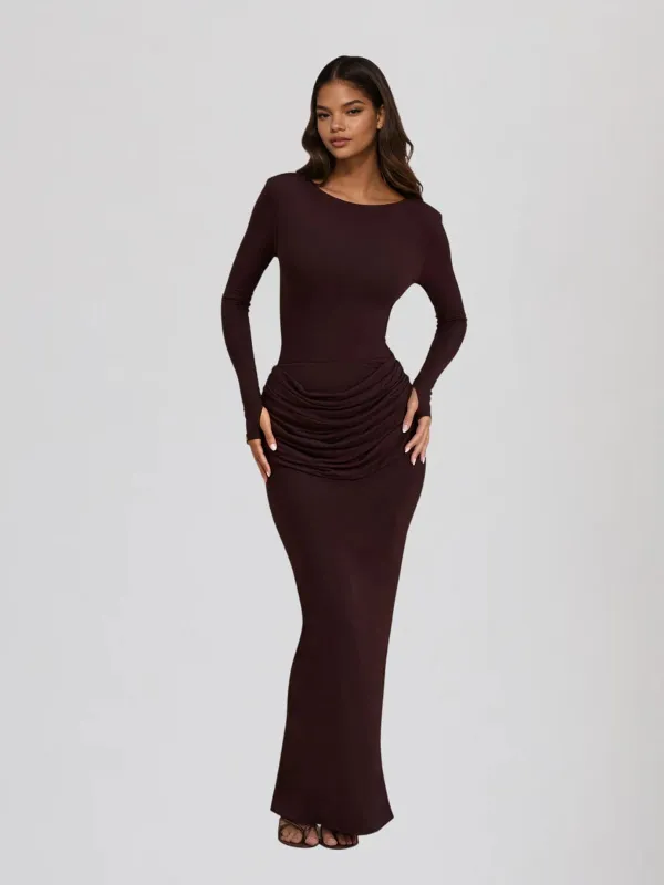 Jutflare Long Sleeve Ruched Split Maxi Dress In Brown sold by Mew Mews