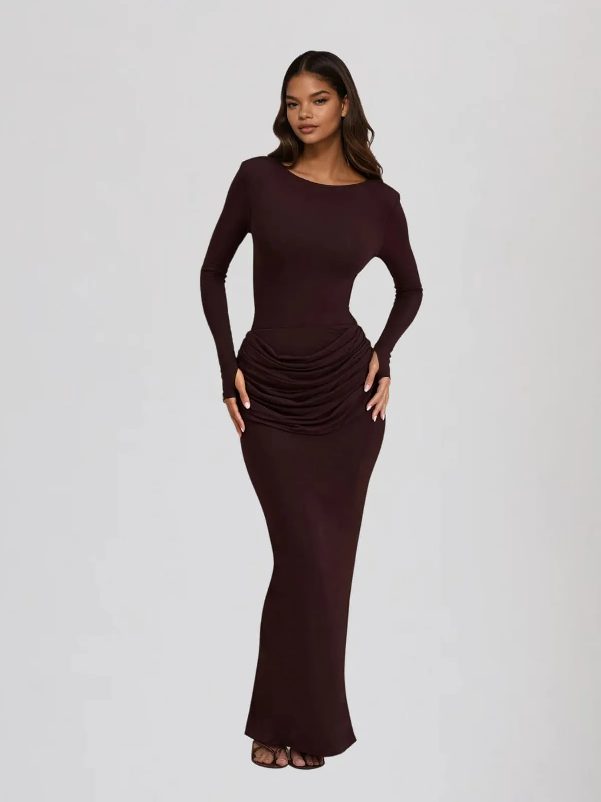Jutflare Long Sleeve Ruched Split Maxi Dress In Brown sold by Mew Mews