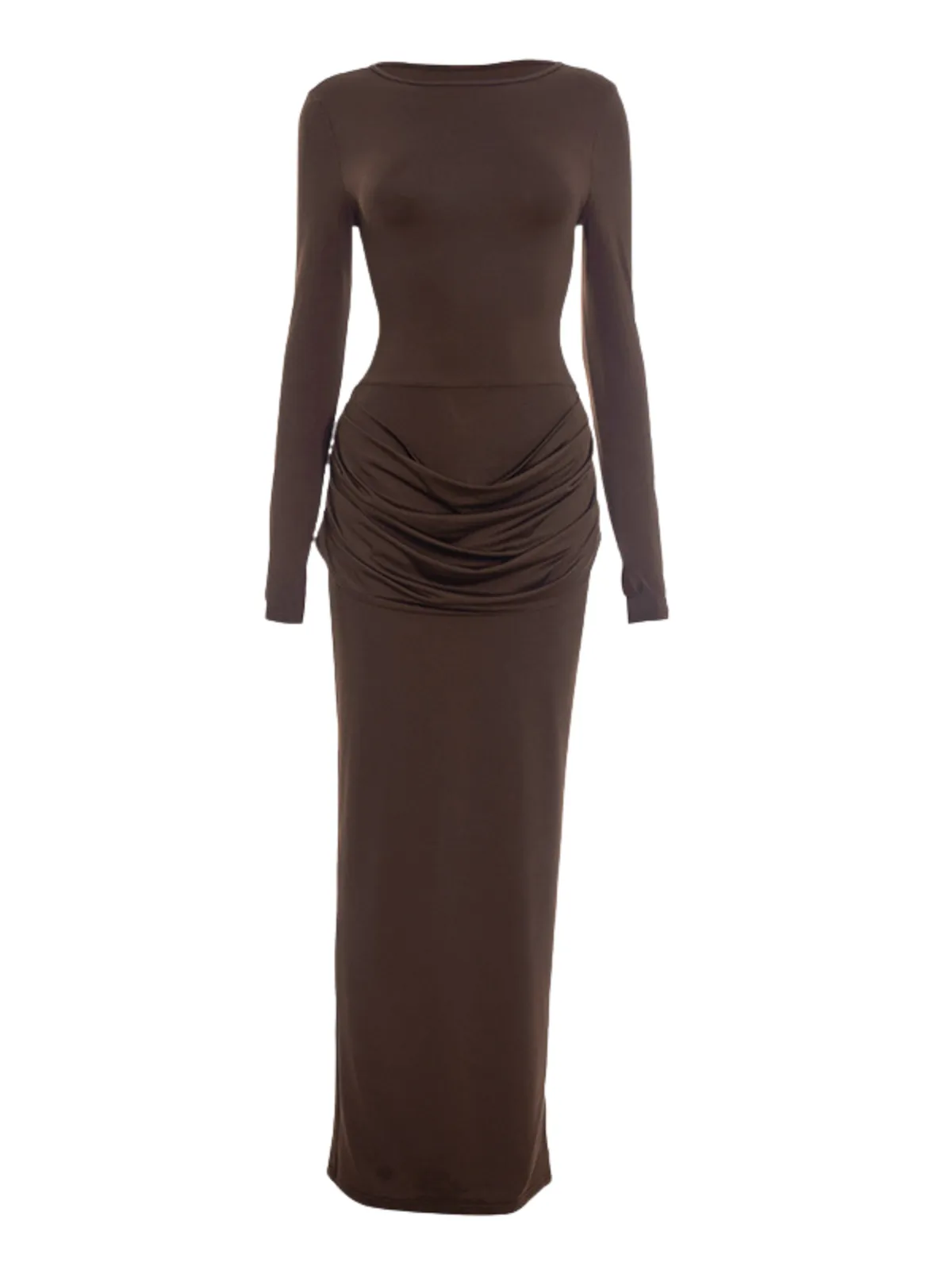 Jutflare Long Sleeve Ruched Split Maxi Dress In Brown sold by Mew Mews product image thumbnail 4