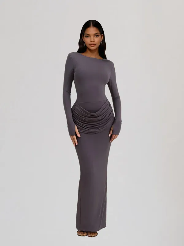 Jutflare Long Sleeve Ruched Split Maxi Dress In Grey sold by Mew Mews