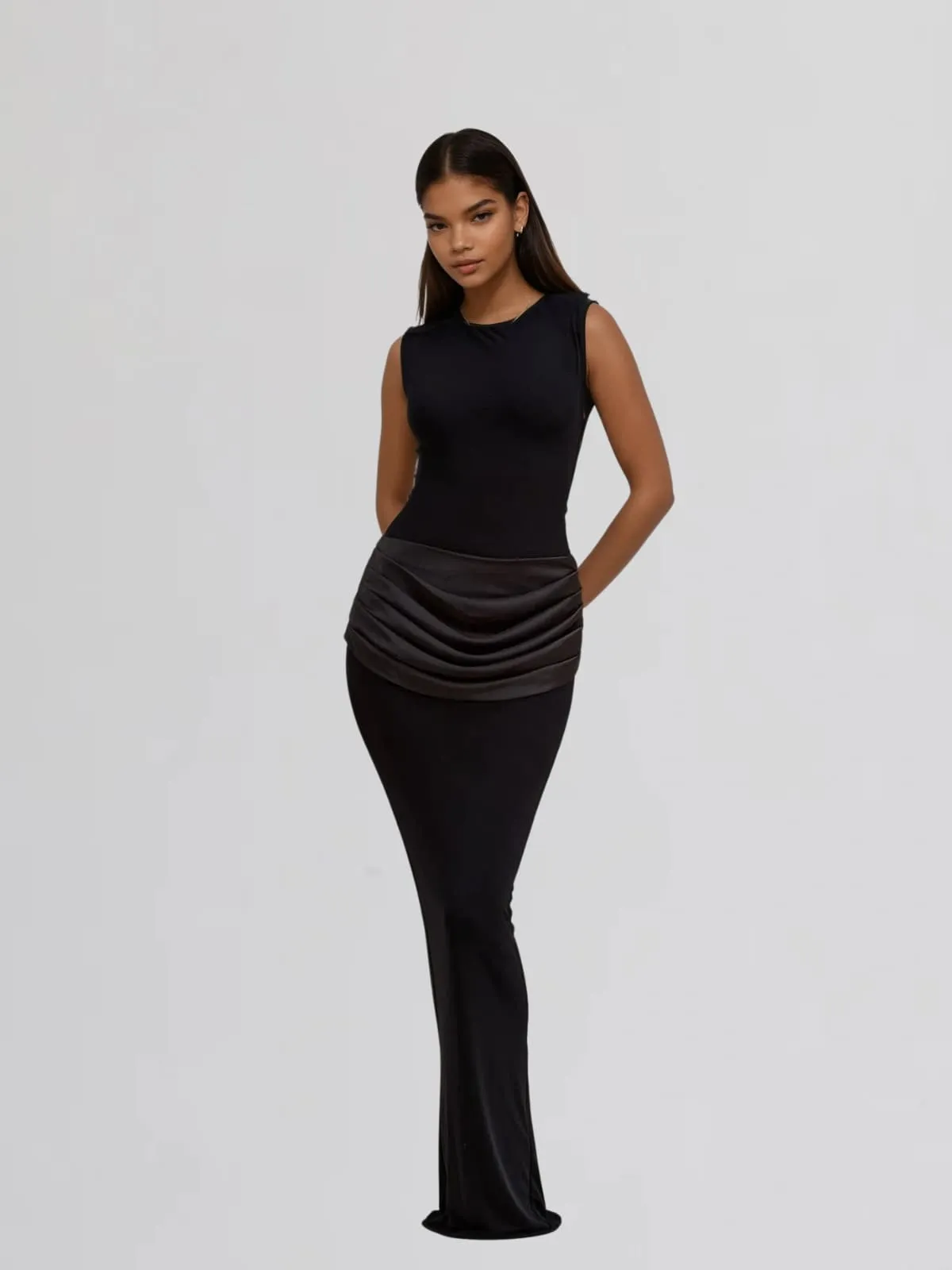 Fumidia Sleeveless Ruched Satin Maxi Dress In Black sold by Mew Mews product image thumbnail 4