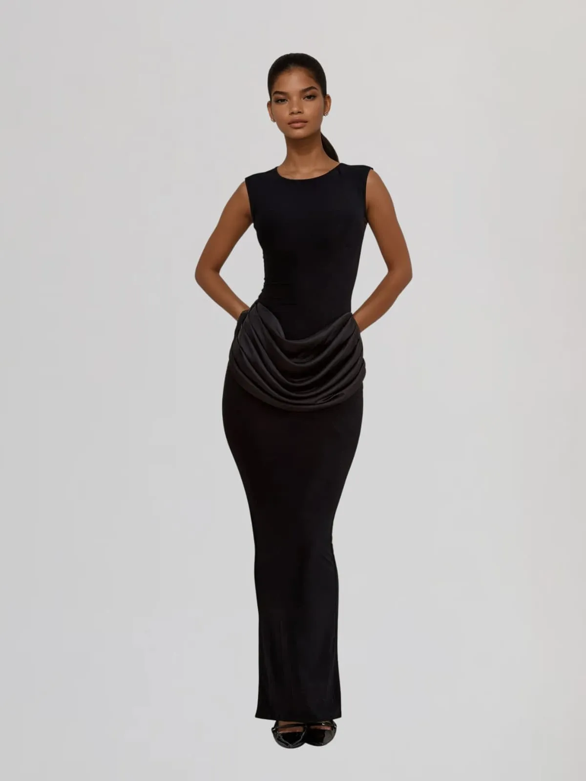 Fumidia Sleeveless Ruched Satin Maxi Dress In Black sold by Mew Mews product image thumbnail 3