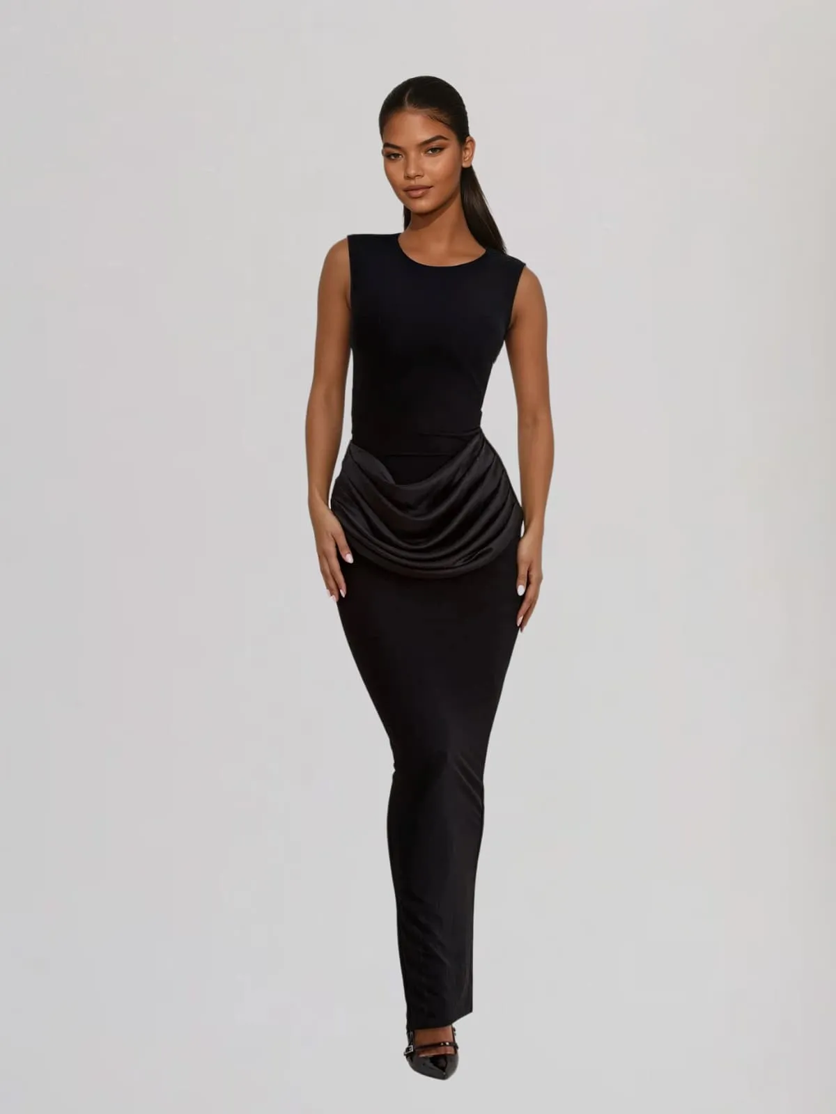 Fumidia Sleeveless Ruched Satin Maxi Dress In Black sold by Mew Mews product image thumbnail 2