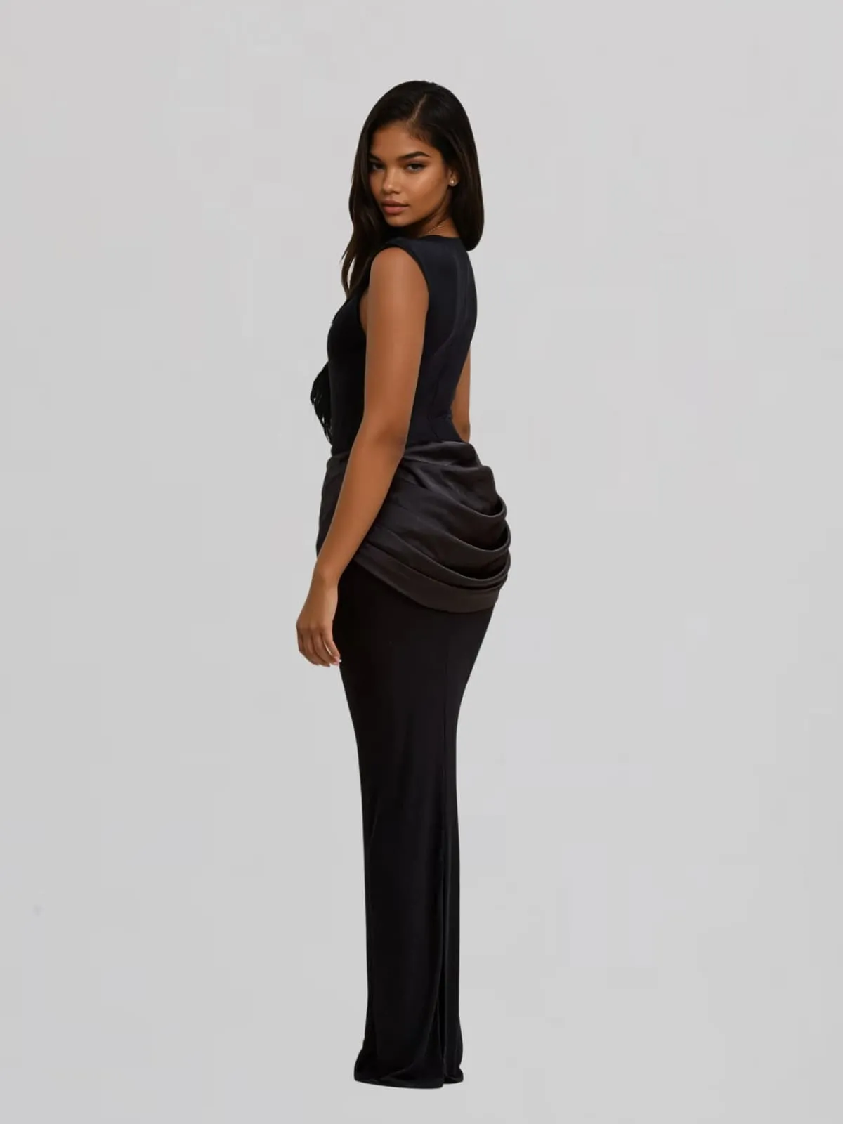 Fumidia Sleeveless Ruched Satin Maxi Dress In Black sold by Mew Mews product image thumbnail 5