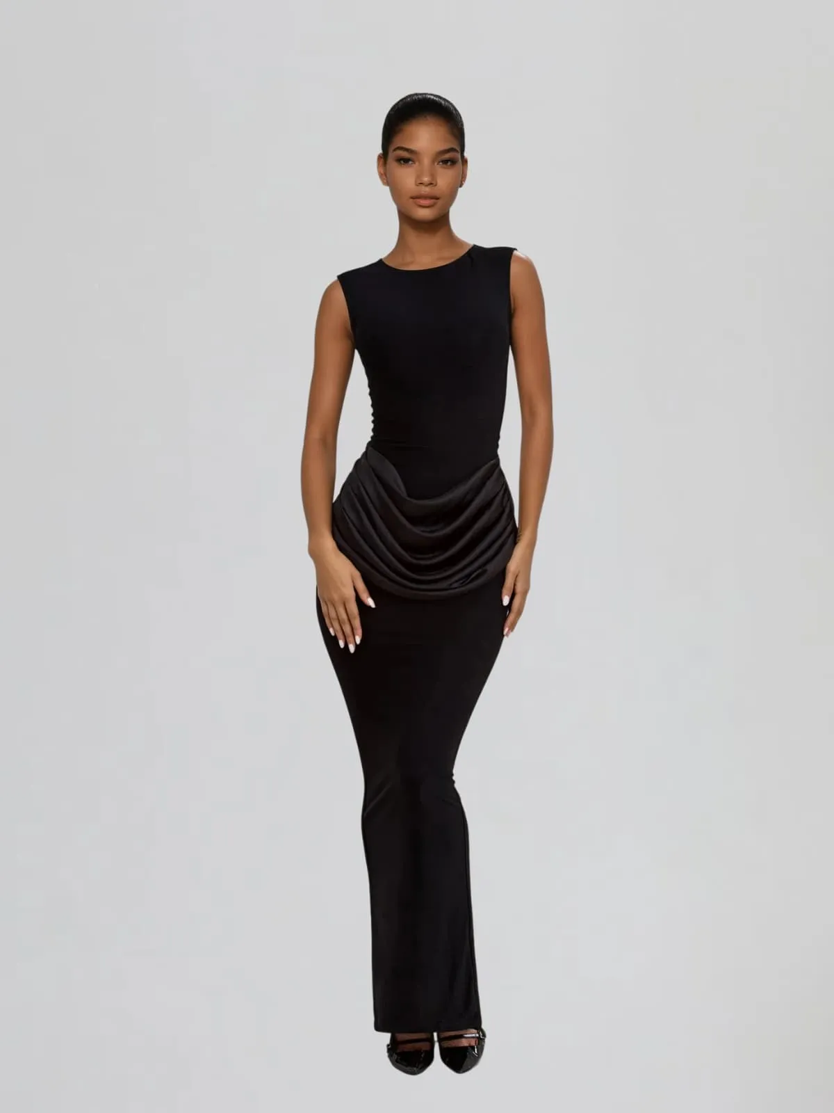 Fumidia Sleeveless Ruched Satin Maxi Dress In Black sold by Mew Mews