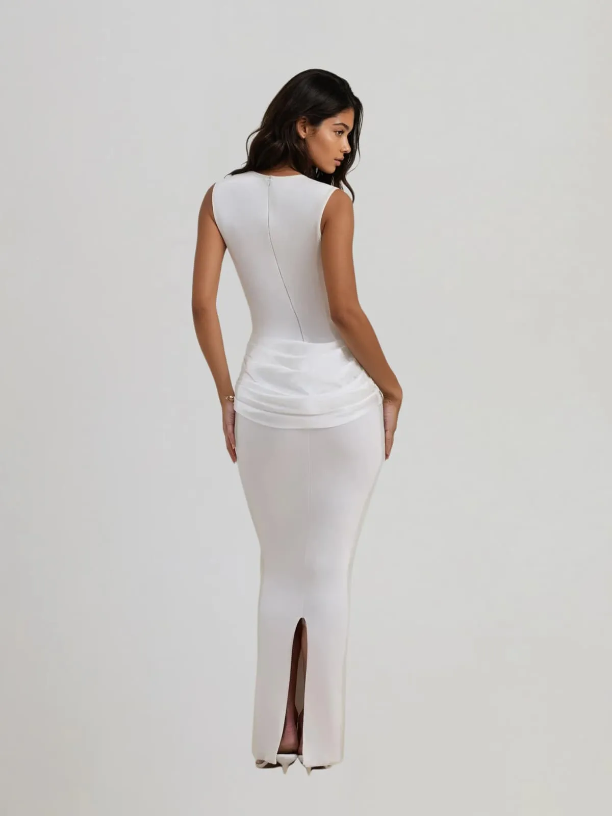Fumidia Sleeveless Ruched Satin Maxi Dress In White sold by Mew Mews product image thumbnail 3