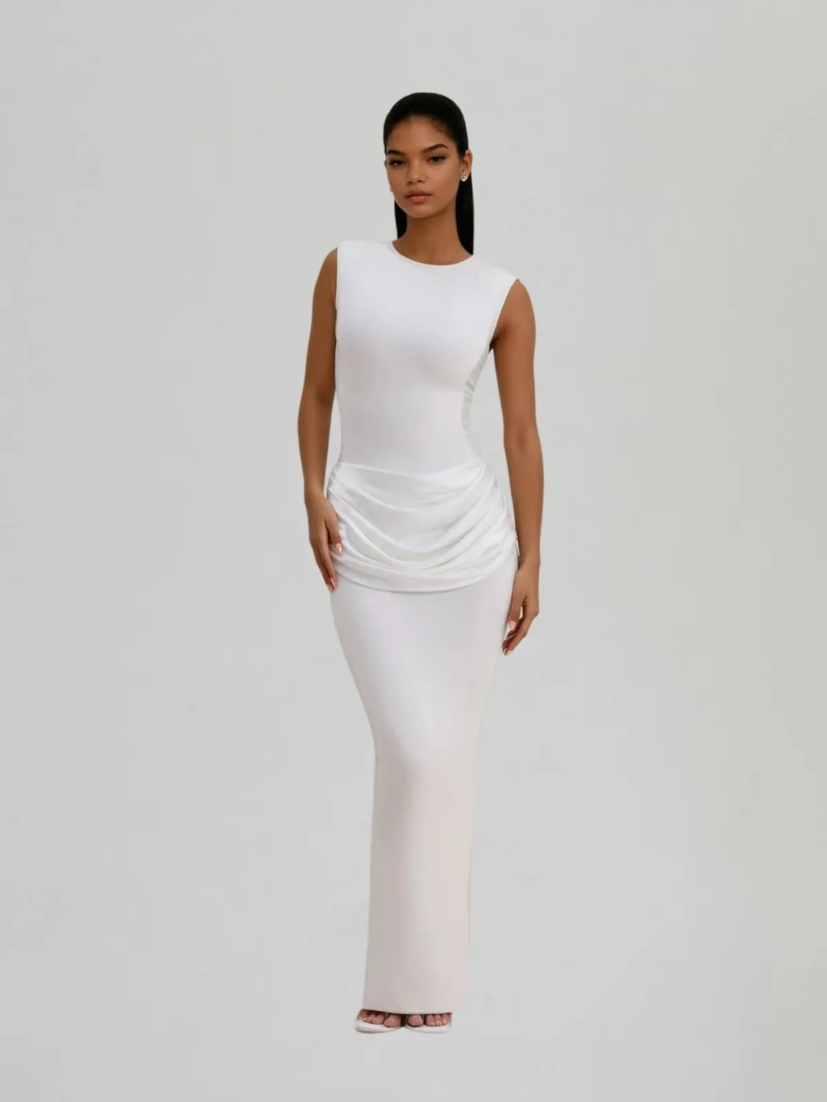 Fumidia Sleeveless Ruched Satin Maxi Dress In White sold by Mew Mews