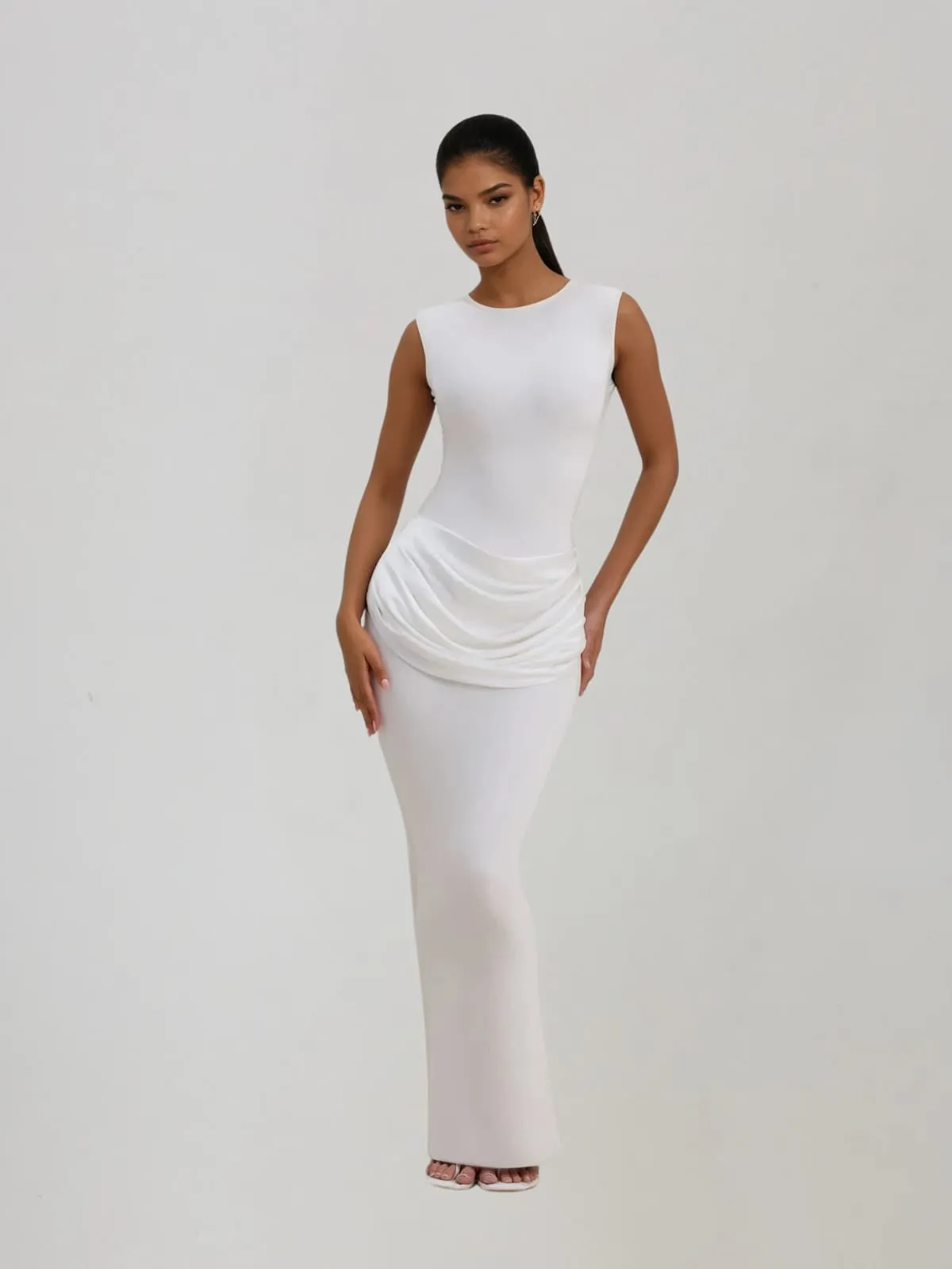 Fumidia Sleeveless Ruched Satin Maxi Dress In White sold by Mew Mews product image thumbnail 2