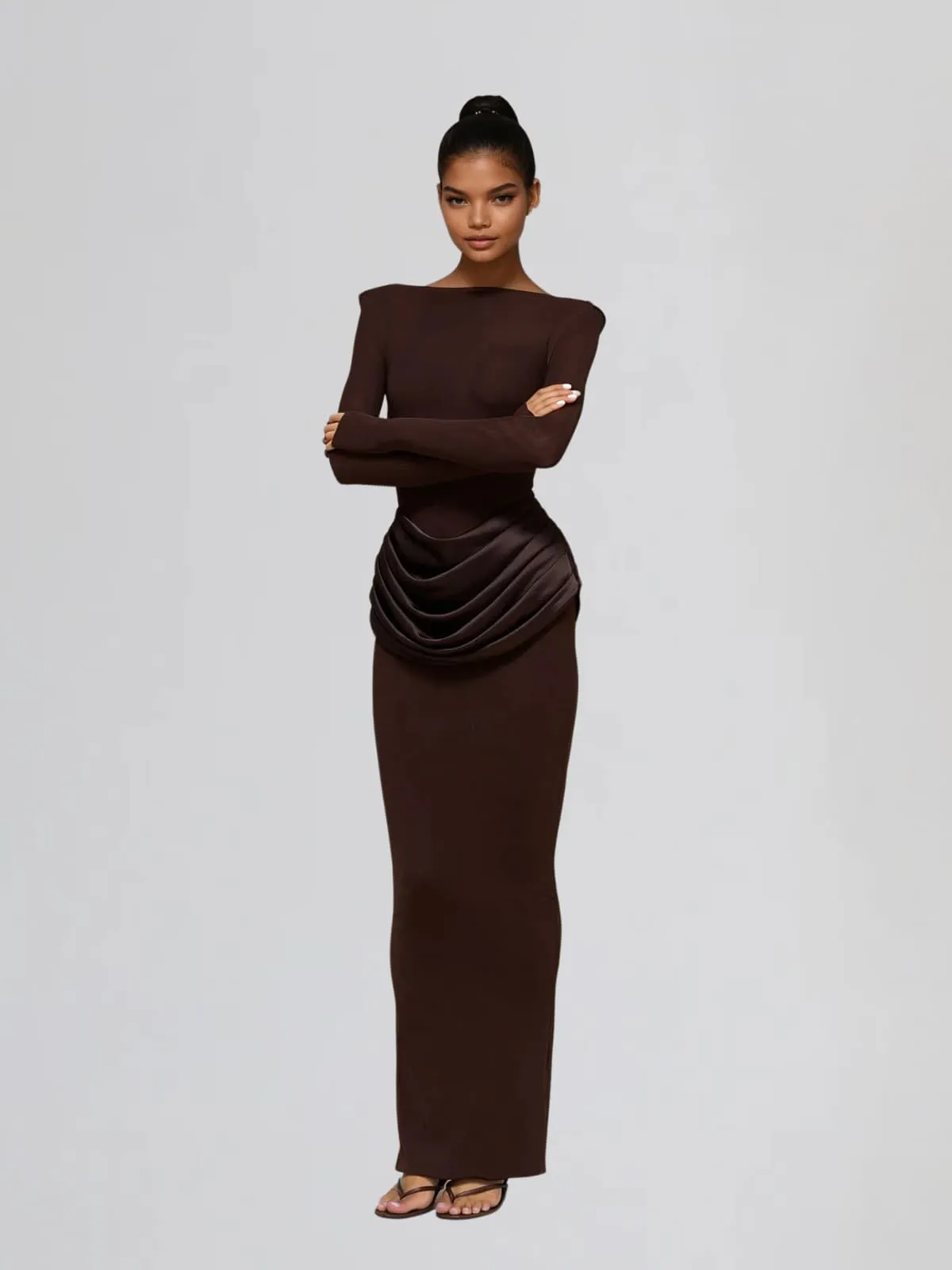 Facetor Long Sleeve Satin Ruched Maxi Dress In Brown sold by Mew Mews product image thumbnail 3