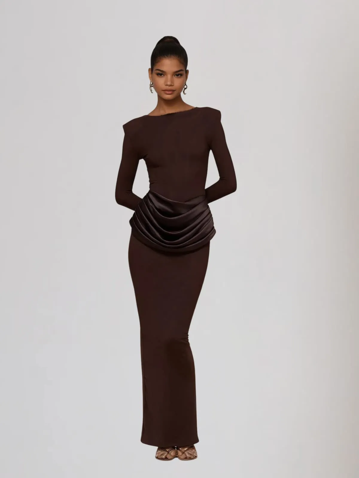 Facetor Long Sleeve Satin Ruched Maxi Dress In Brown sold by Mew Mews product image thumbnail 4