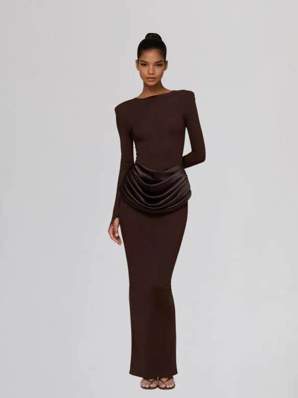Facetor Long Sleeve Satin Ruched Maxi Dress In Brown sold by Mew Mews