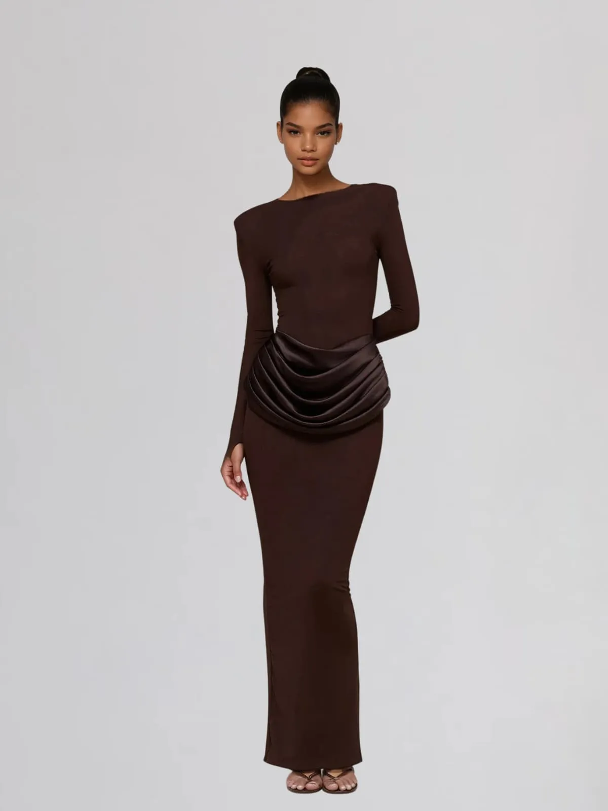 Facetor Long Sleeve Satin Ruched Maxi Dress In Brown sold by Mew Mews