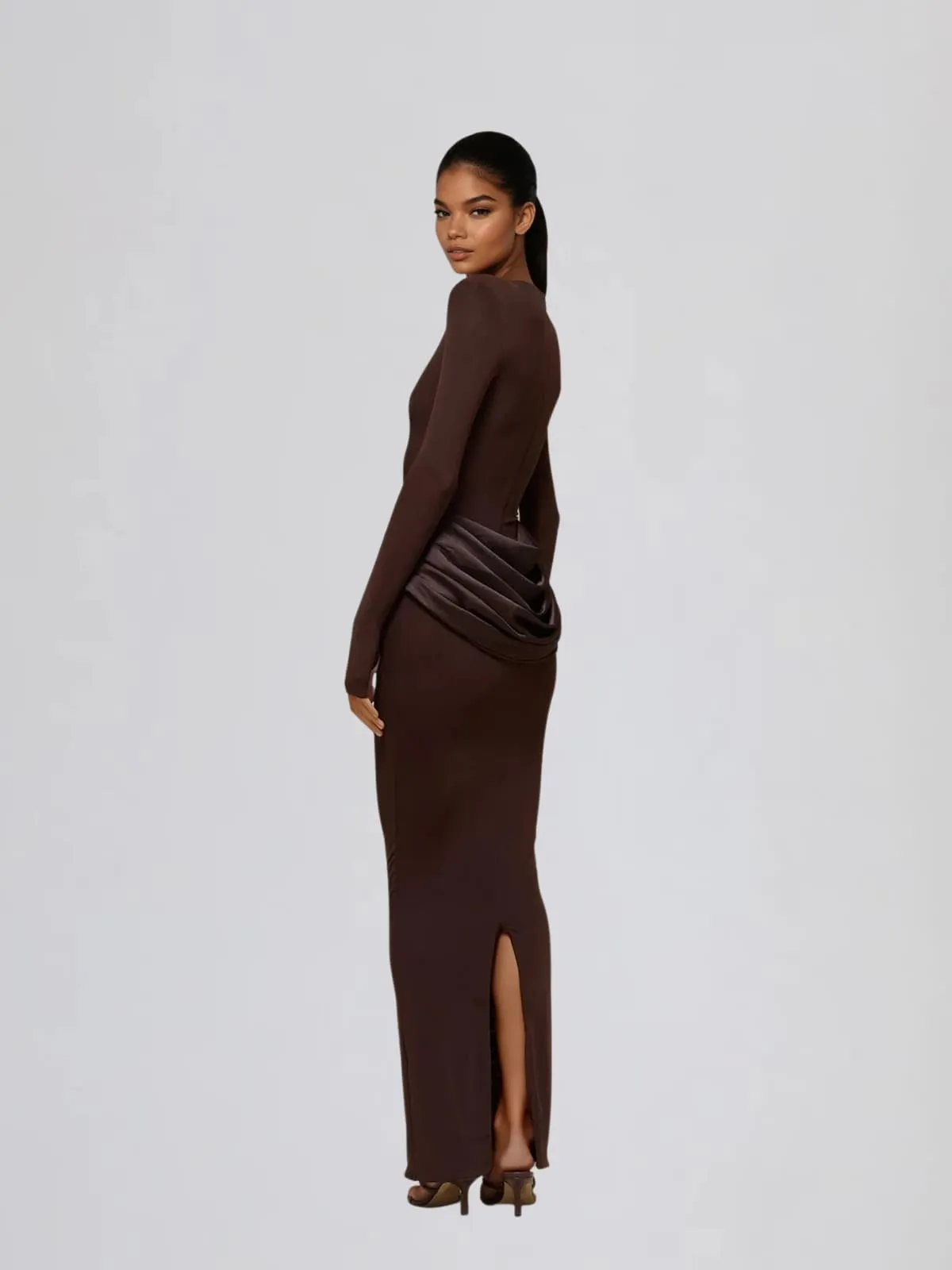 Facetor Long Sleeve Satin Ruched Maxi Dress In Brown sold by Mew Mews product image thumbnail 5