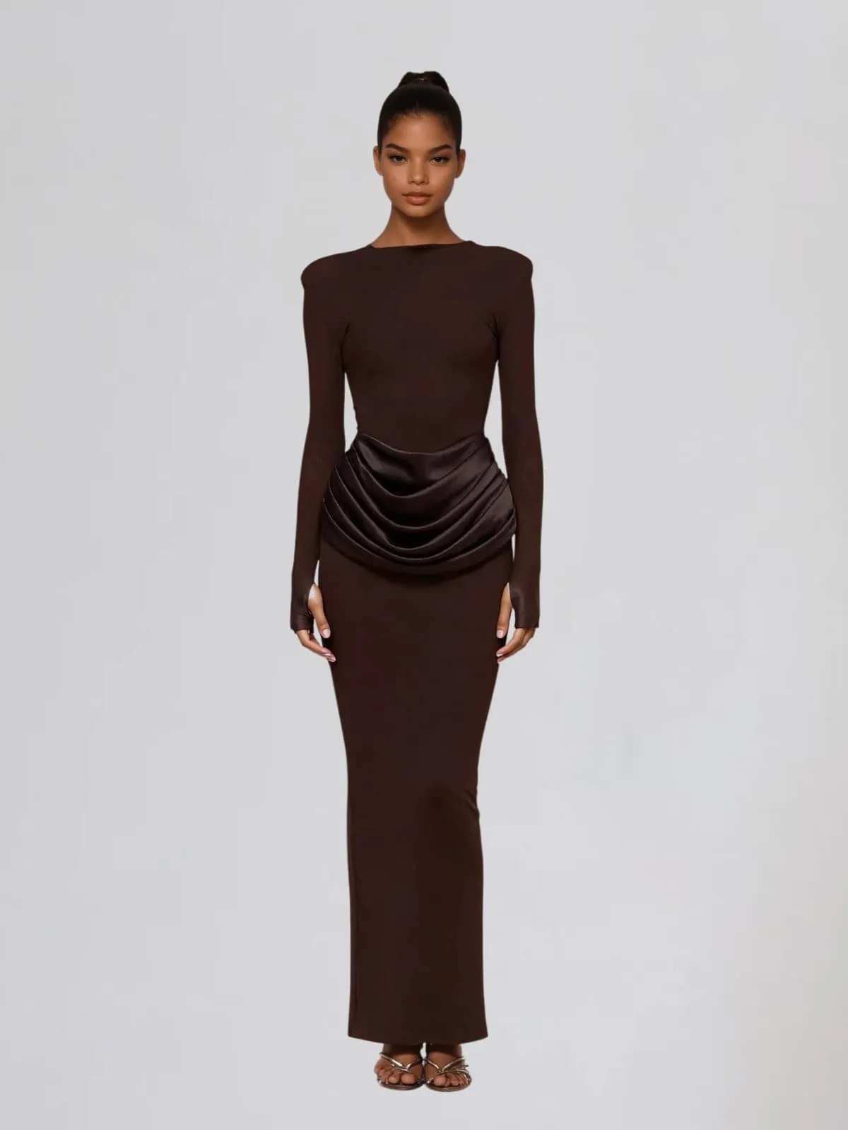 Facetor Long Sleeve Satin Ruched Maxi Dress In Brown sold by Mew Mews product image thumbnail 2