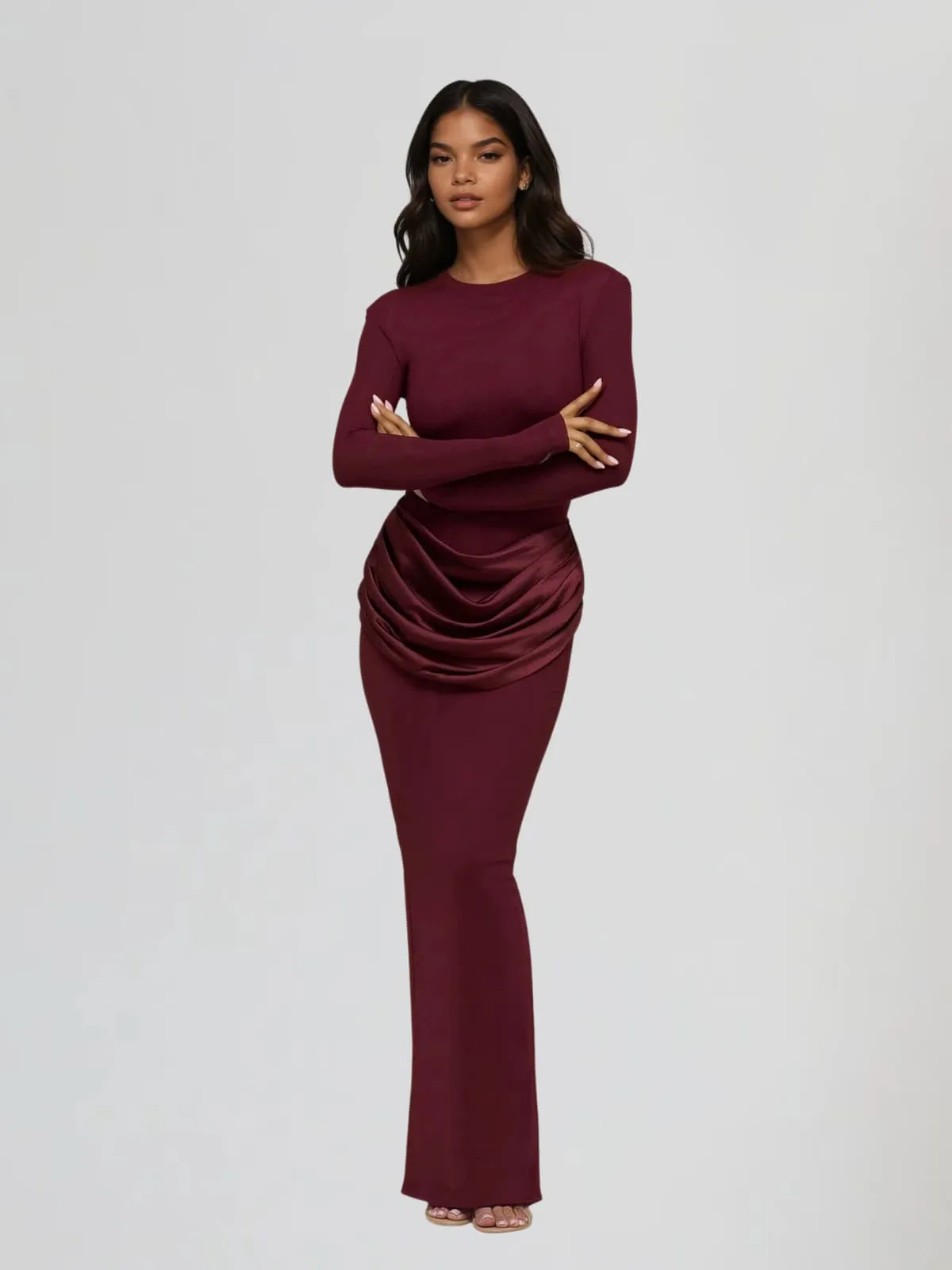 Facetor Long Sleeve Satin Ruched Maxi Dress In Wine sold by Mew Mews product image thumbnail 3
