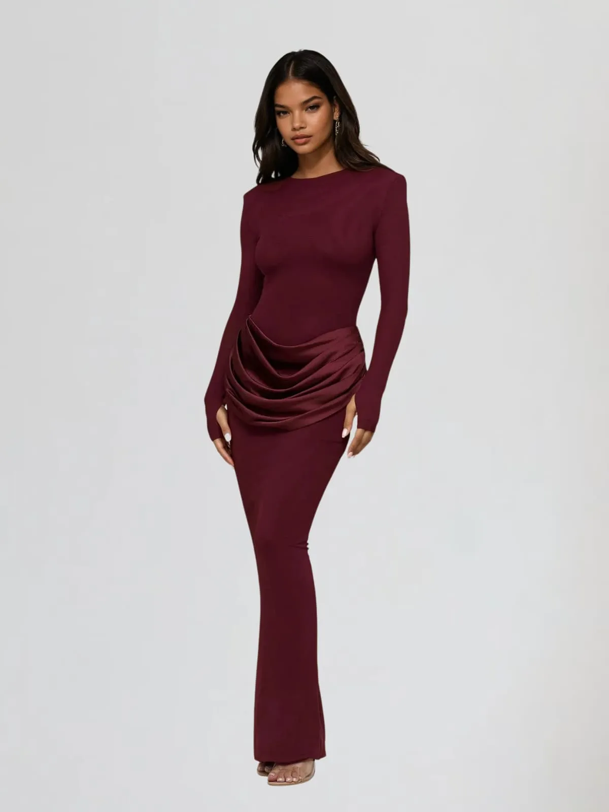 Facetor Long Sleeve Satin Ruched Maxi Dress In Wine sold by Mew Mews product image thumbnail 4