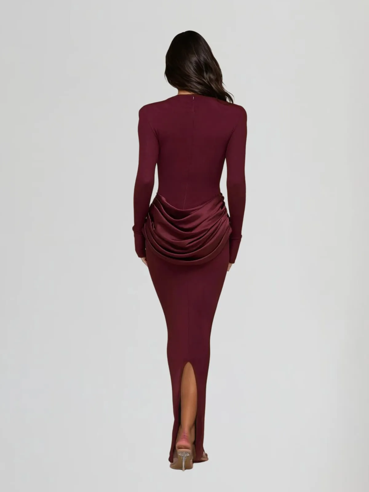 Facetor Long Sleeve Satin Ruched Maxi Dress In Wine sold by Mew Mews product image thumbnail 5