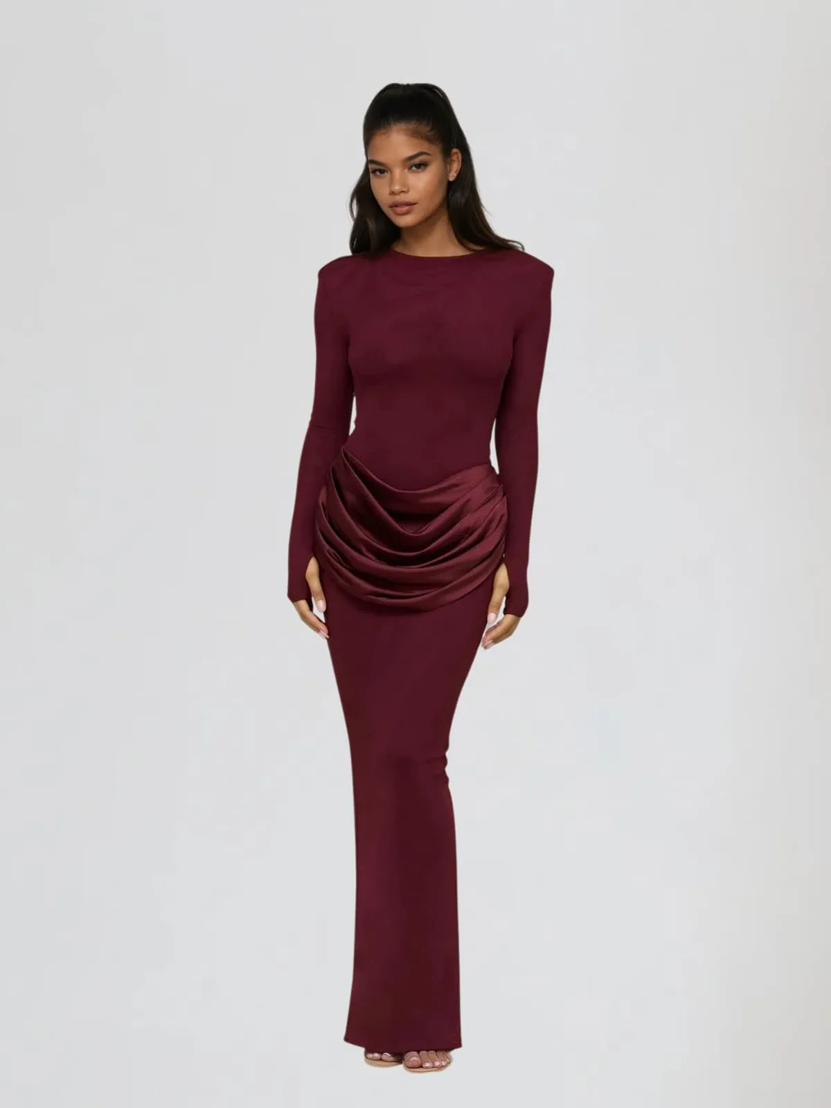 Facetor Long Sleeve Satin Ruched Maxi Dress In Wine sold by Mew Mews