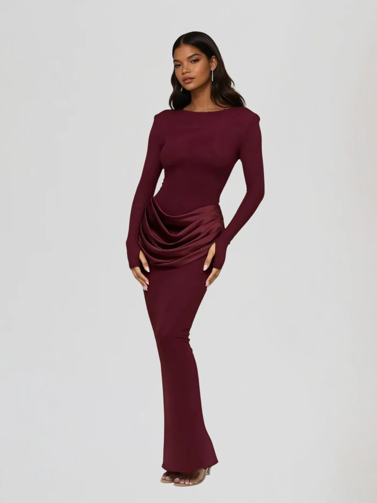 Facetor Long Sleeve Satin Ruched Maxi Dress In Wine sold by Mew Mews product image thumbnail 2
