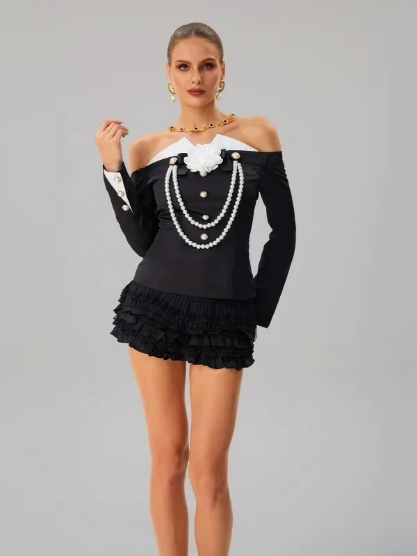 Farideh Off Shoulder Flower Pearl Skirt Set sold by Mew Mews