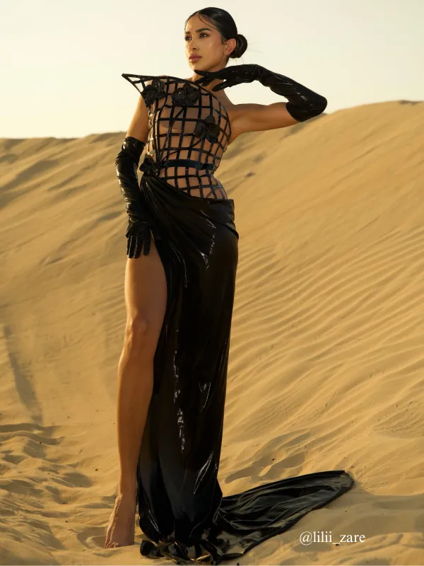 Aethon Strapless Metallic Flower Maxi Dress In Black sold by Mew Mews