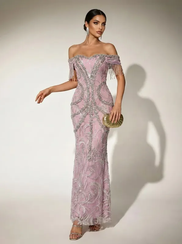 Mylonitor Off Shoulder Fringe Crystal Maxi Dress sold by Mew Mews