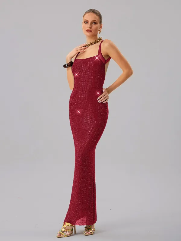 Jouncegrid Backless Rhinestone Maxi Dress In Red sold by Mew Mews