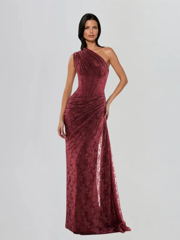 Lorentzon One Shoulder Draped Lace Maxi Dress made by Mew Mews