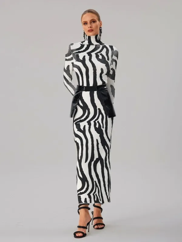 Farrux High Neck Zebra Printed Knit Skirt Set sold by Mew Mews