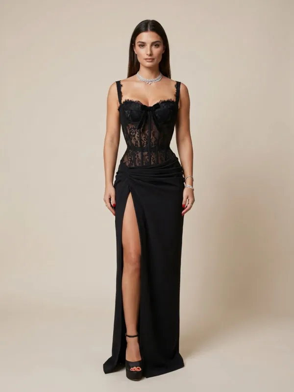 Lambdax Lace Split Bow Maxi Dress made by Mew Mews