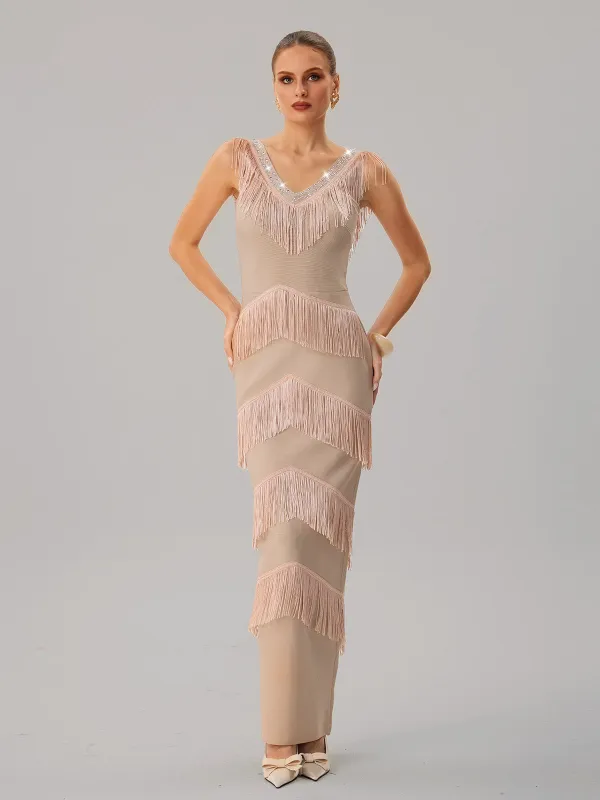 Kaleidrix V Neck Fringe Split Bandage Maxi Dress sold by Mew Mews