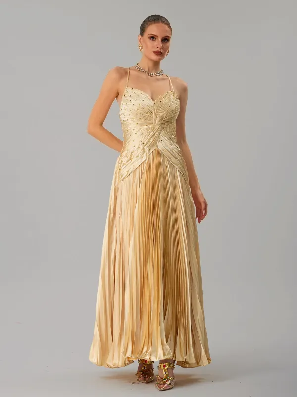 Jagtopo Spaghetti Twisted Pleated Maxi Dress made by Mew Mews