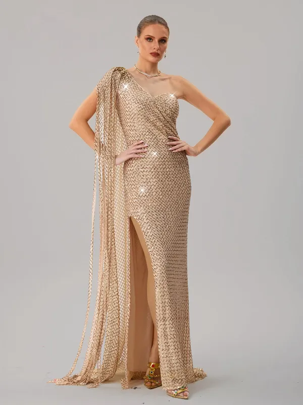 Junctionet One Shoulder Shawl Sequin Split Maxi Dress sold by Mew Mews