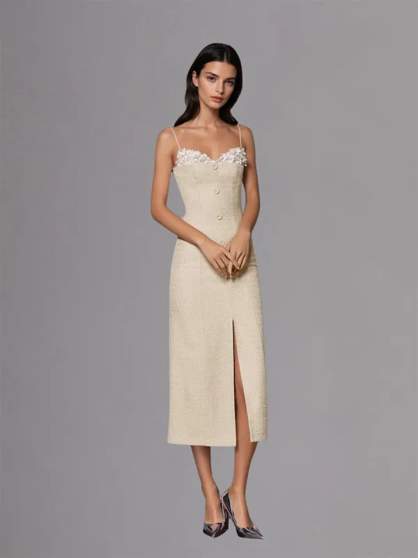 Kuratox Spaghetti Flower Split Midi Dress In Apricot made by Mew Mews