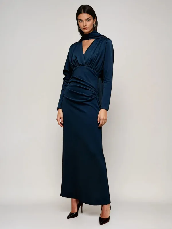 Lysisor V Neck Ruched Scarf Maxi Dress In Navy sold by Mew Mews