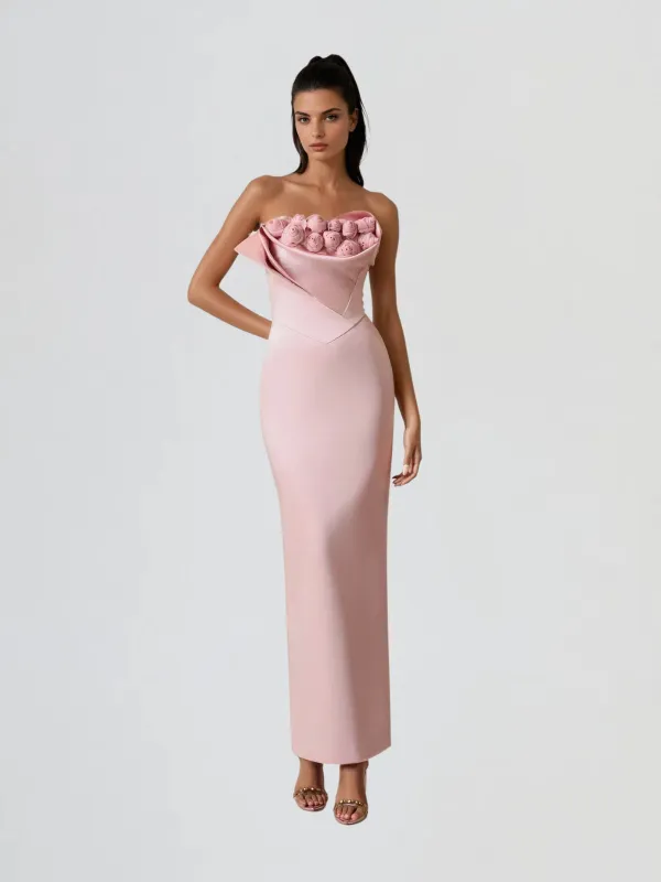 Chaylse Flower Satin Maxi Dress sold by Mew Mews