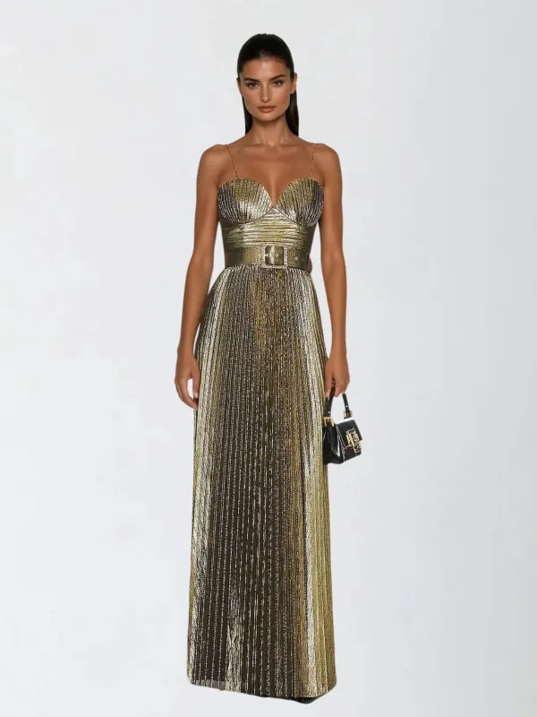 Jetgraph Spaghetti Pleated Metallic Maxi Dress made by Mew Mews