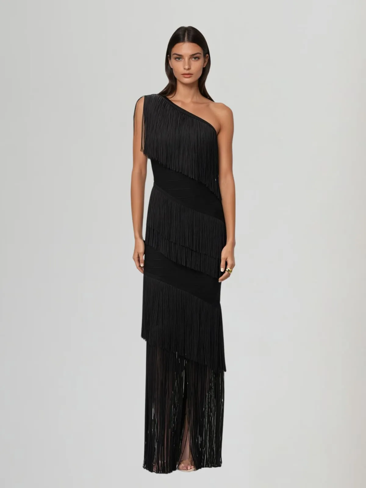 Kreutzix One Shoulder Fringe Bandage Maxi Dress sold by Mew Mews
